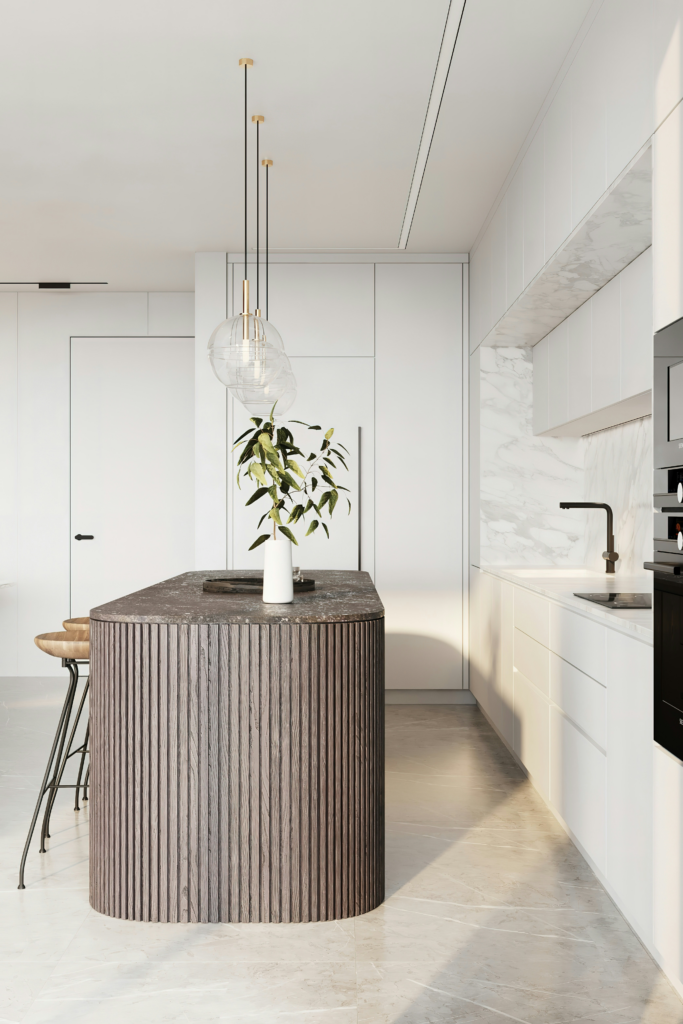 Cuisine moderne minimaliste avec îlot central en bois texturé et luminaires suspendus design